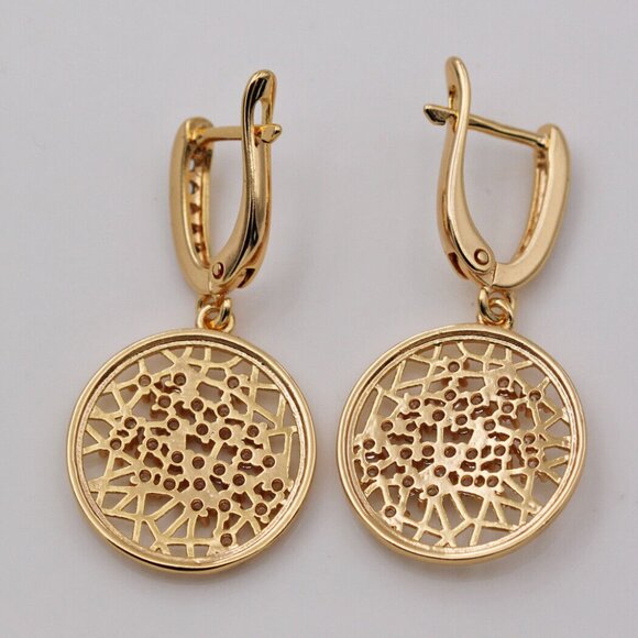 18K Yellow Gold Filled Circle Carved Web Diamond Zircon Dangle Earrings Gorgeous - Picture 6 of 7
